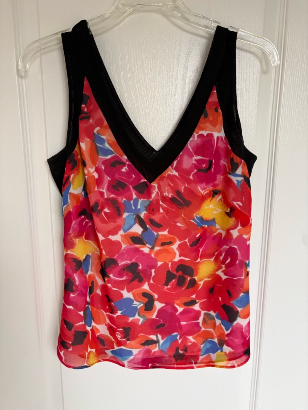Anne Klein Pink Multi Floral V-Neck Tank with Black Trim
